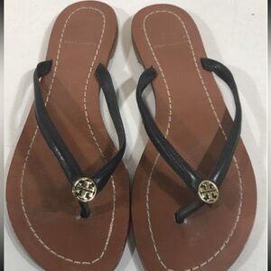 Women’s Tory Burch Black Leather Thong Flip Flops with Gold Accent Size 6M